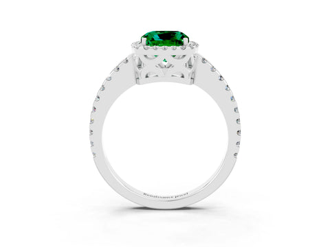 White gold Cushion Cut Emerald Halo Engagement Ring with Pavé Band and Prong Setting_15