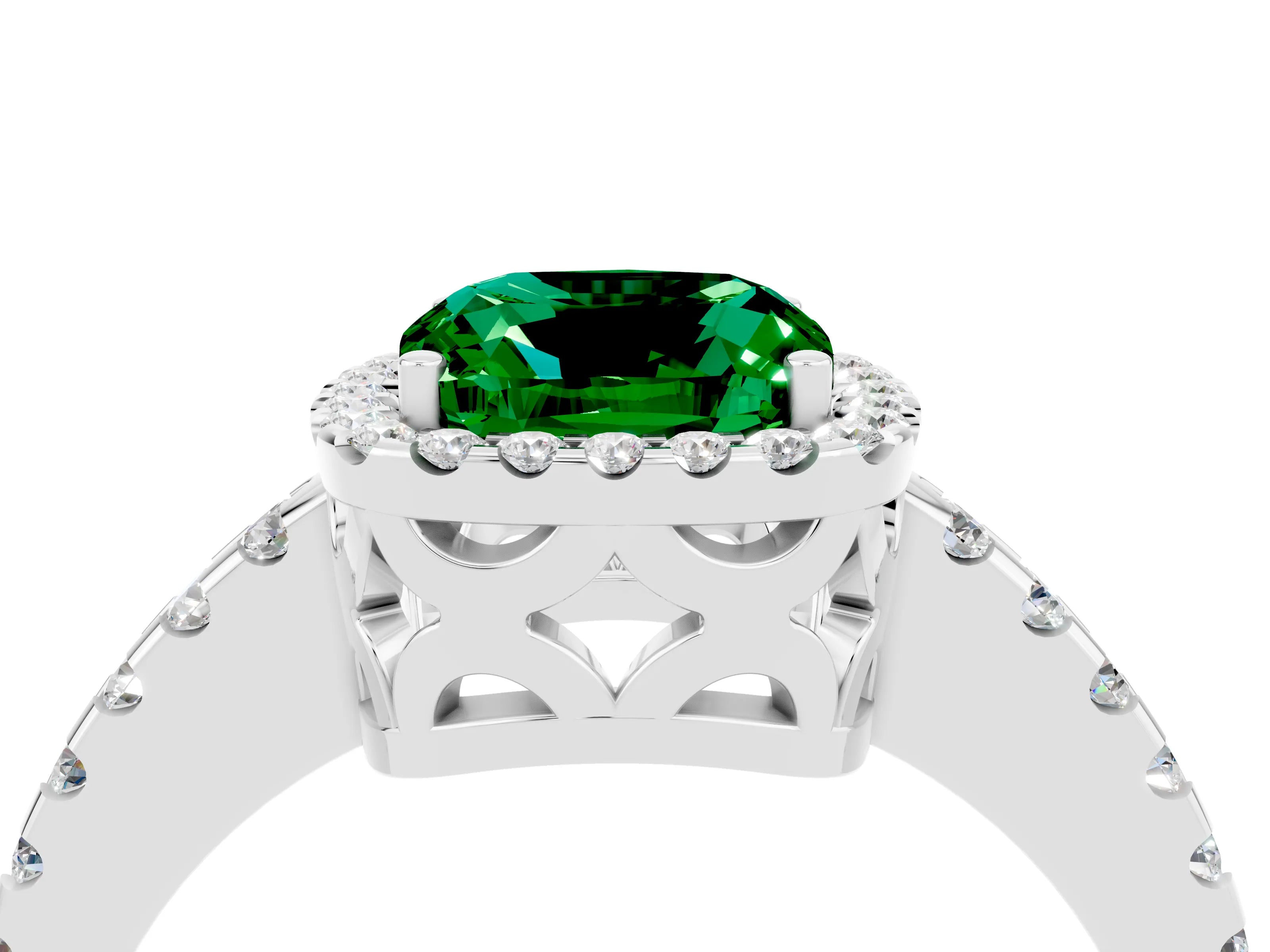 White gold Cushion Cut Emerald Halo Engagement Ring with Pavé Band and Prong Setting_16