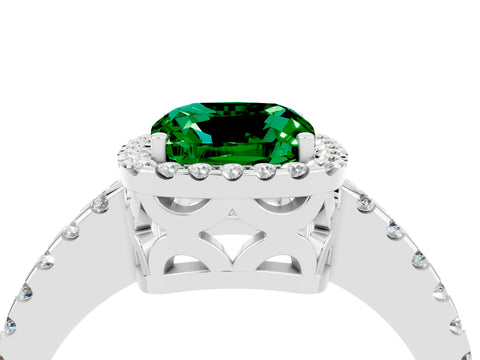 White gold Cushion Cut Emerald Halo Engagement Ring with Pavé Band and Prong Setting_16