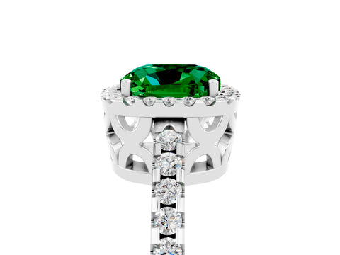 White gold Cushion Cut Emerald Halo Engagement Ring with Pavé Band and Prong Setting_17