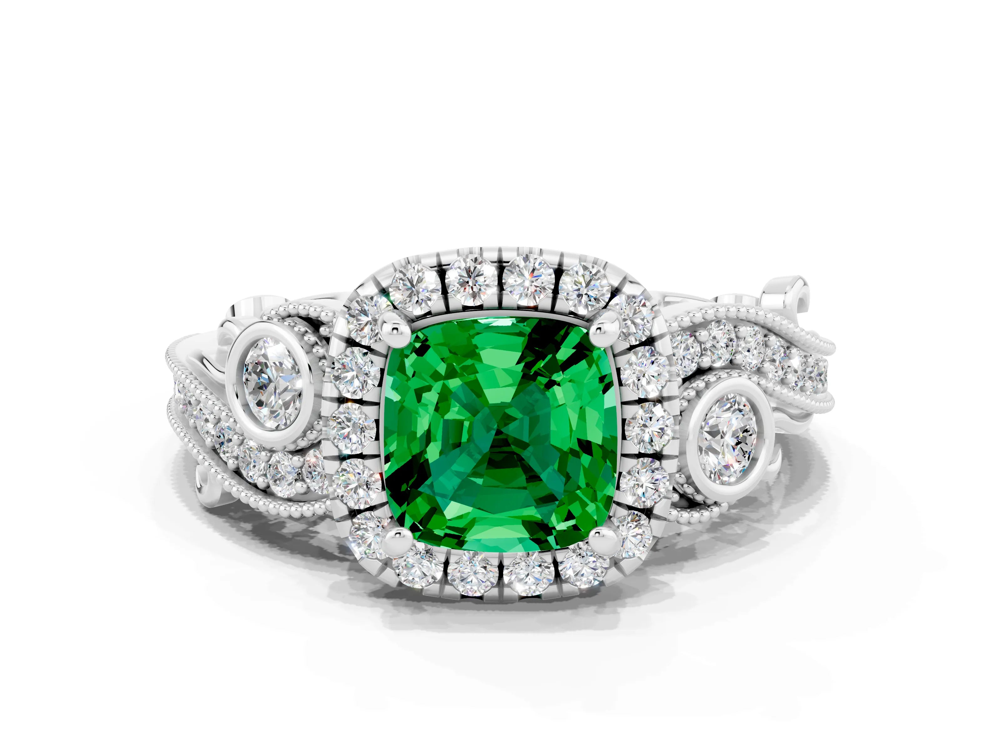 White gold Cushion Cut Emerald Halo Ring with Milgrain Pavé Band and Four-Prong Setting_12