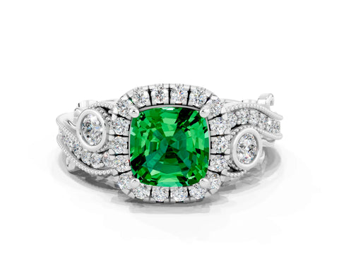 White gold Cushion Cut Emerald Halo Ring with Milgrain Pavé Band and Four-Prong Setting_12
