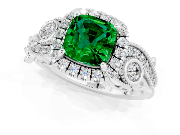 Platinum Cushion Cut Emerald Halo Ring with Milgrain Pavé Band and Four-Prong Setting