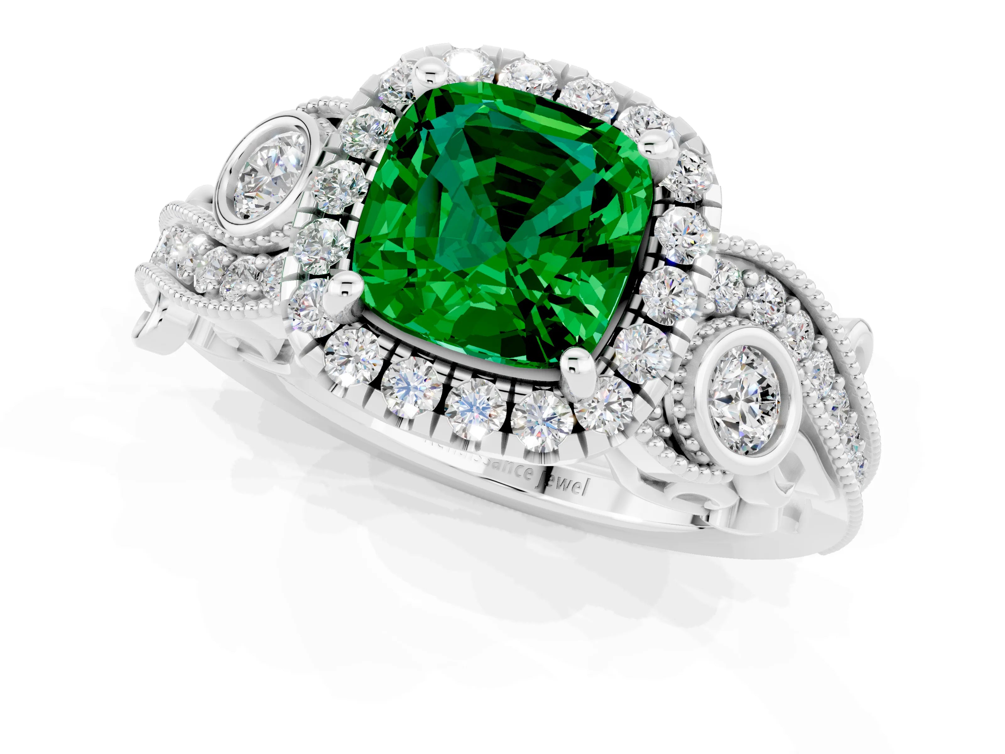 White gold Cushion Cut Emerald Halo Ring with Milgrain Pavé Band and Four-Prong Setting_13