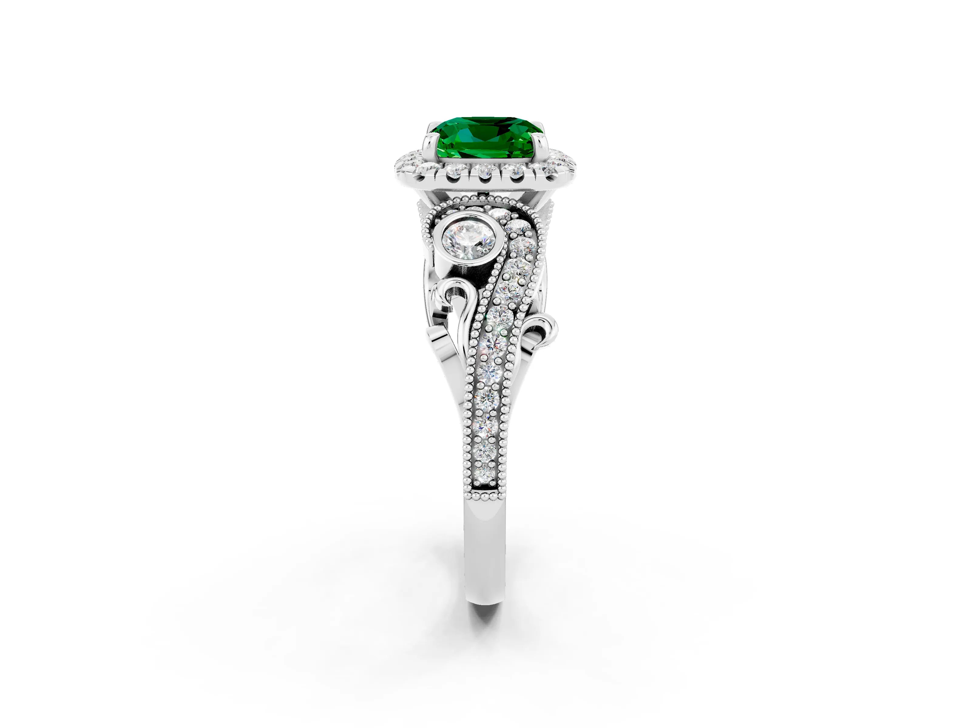 White gold Cushion Cut Emerald Halo Ring with Milgrain Pavé Band and Four-Prong Setting_14