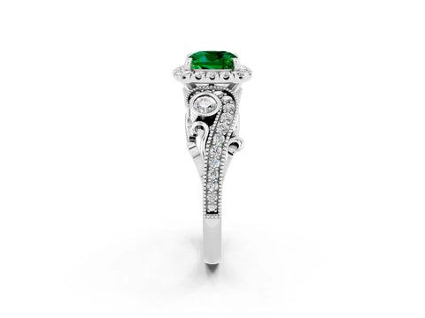 White gold Cushion Cut Emerald Halo Ring with Milgrain Pavé Band and Four-Prong Setting_14