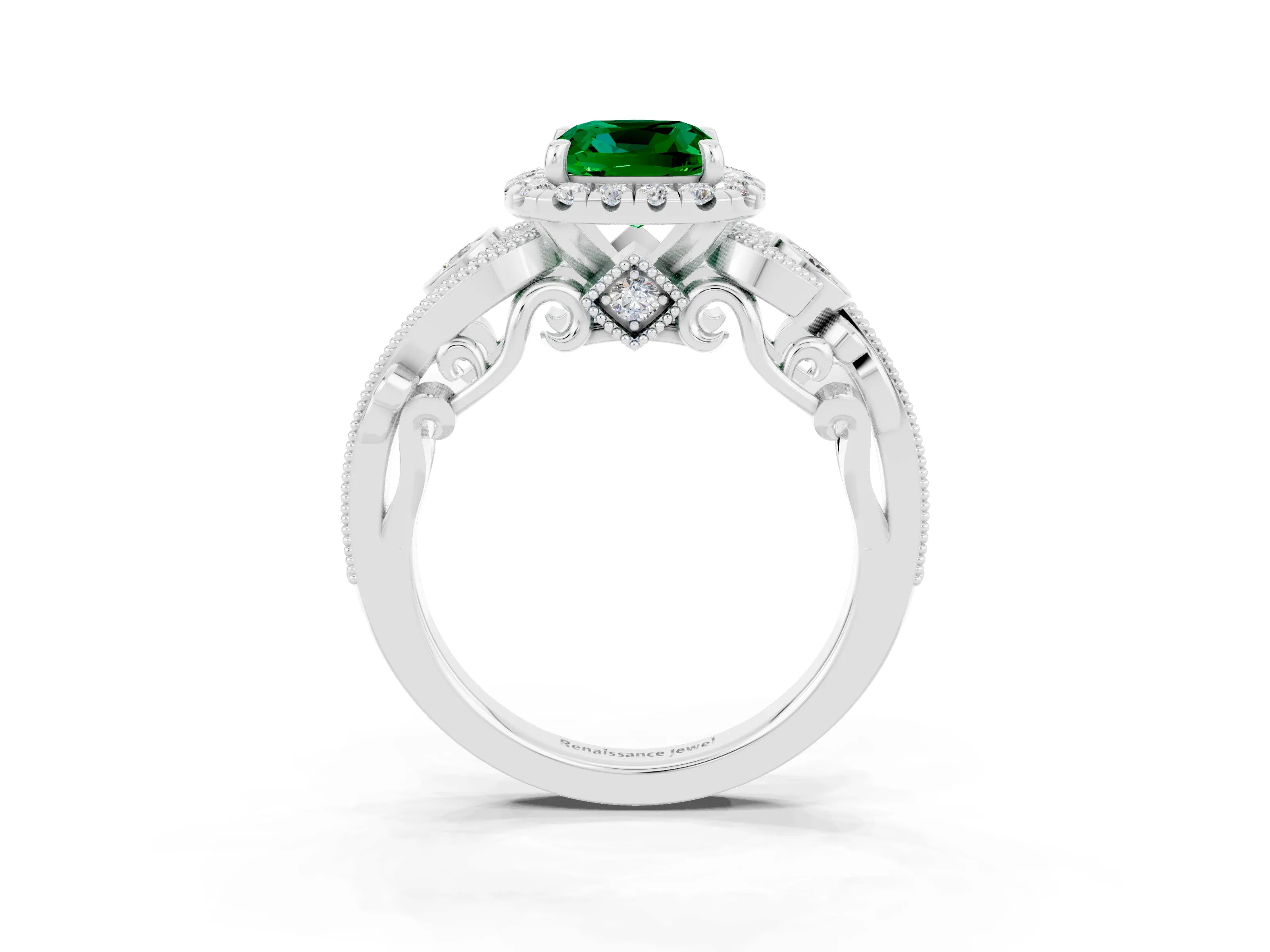 White gold Cushion Cut Emerald Halo Ring with Milgrain Pavé Band and Four-Prong Setting_15