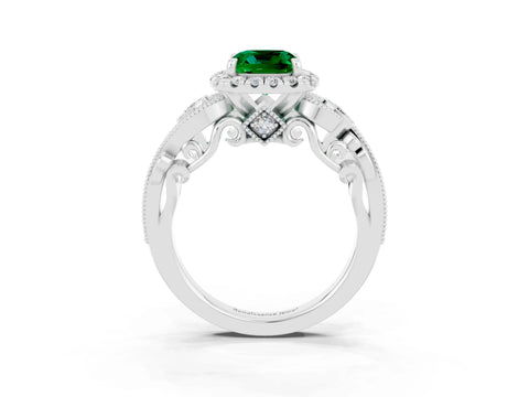 White gold Cushion Cut Emerald Halo Ring with Milgrain Pavé Band and Four-Prong Setting_15