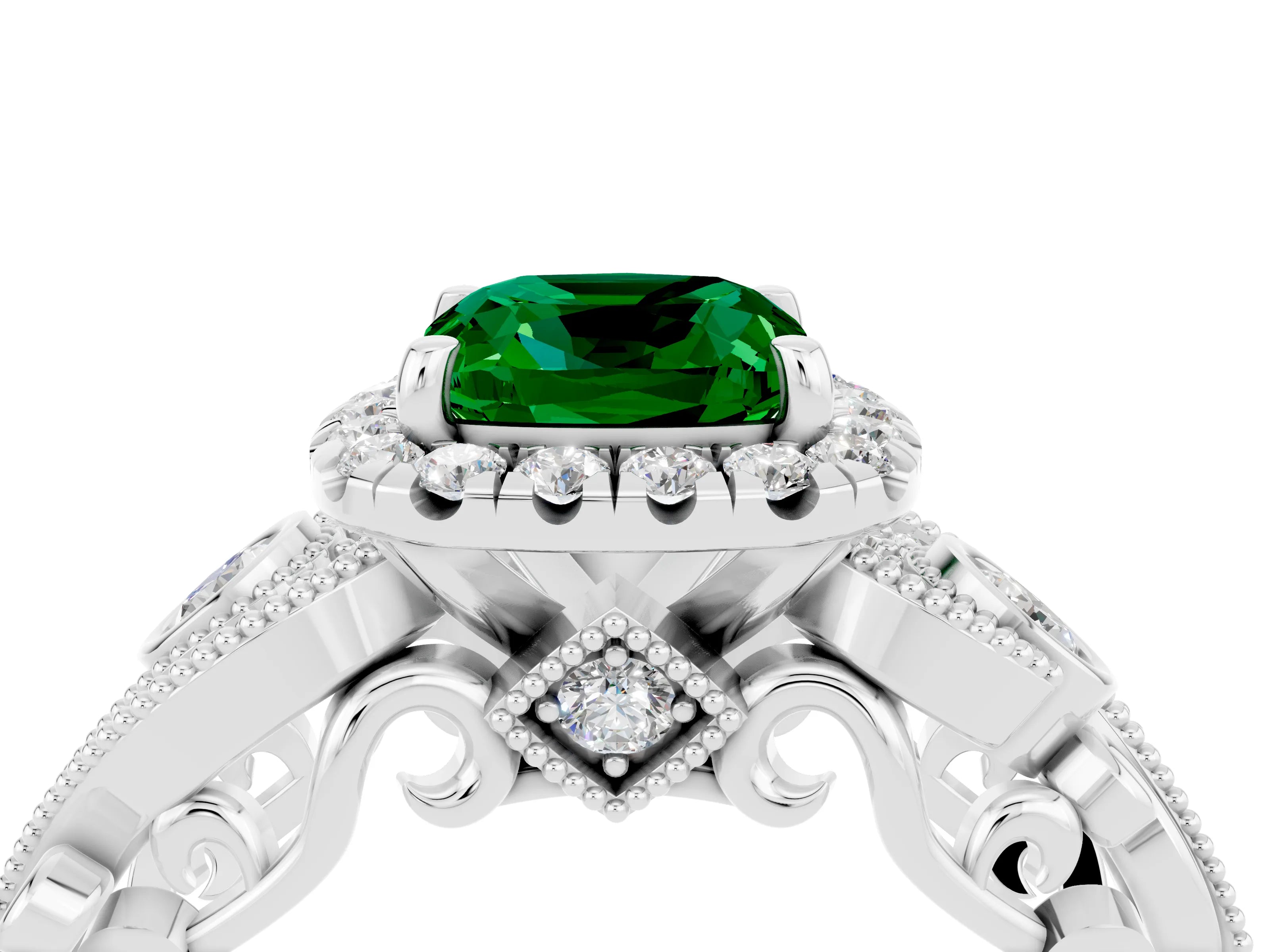 White gold Cushion Cut Emerald Halo Ring with Milgrain Pavé Band and Four-Prong Setting_16