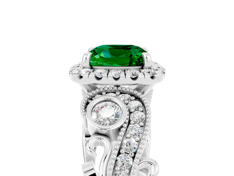 White gold Cushion Cut Emerald Halo Ring with Milgrain Pavé Band and Four-Prong Setting_17