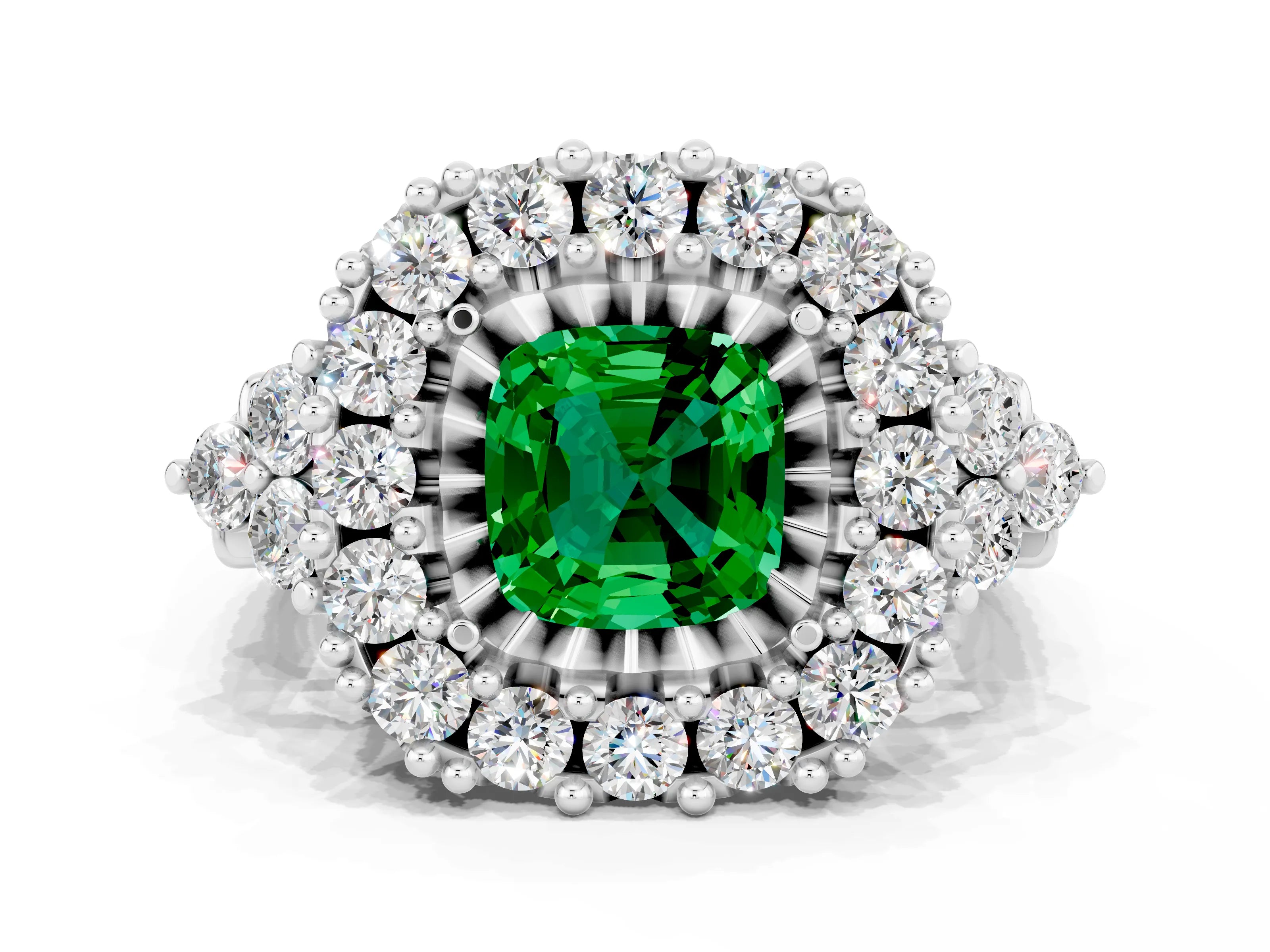 White gold Cushion Cut Emerald Halo Ring with Pavé Band and Four-Prong Setting_12