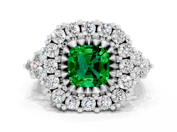 White gold Cushion Cut Emerald Halo Ring with Pavé Band and Four-Prong Setting