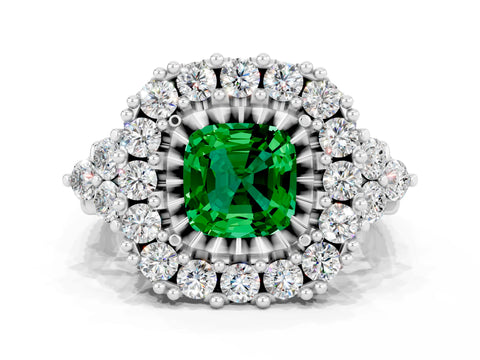 White gold Cushion Cut Emerald Halo Ring with Pavé Band and Four-Prong Setting_12