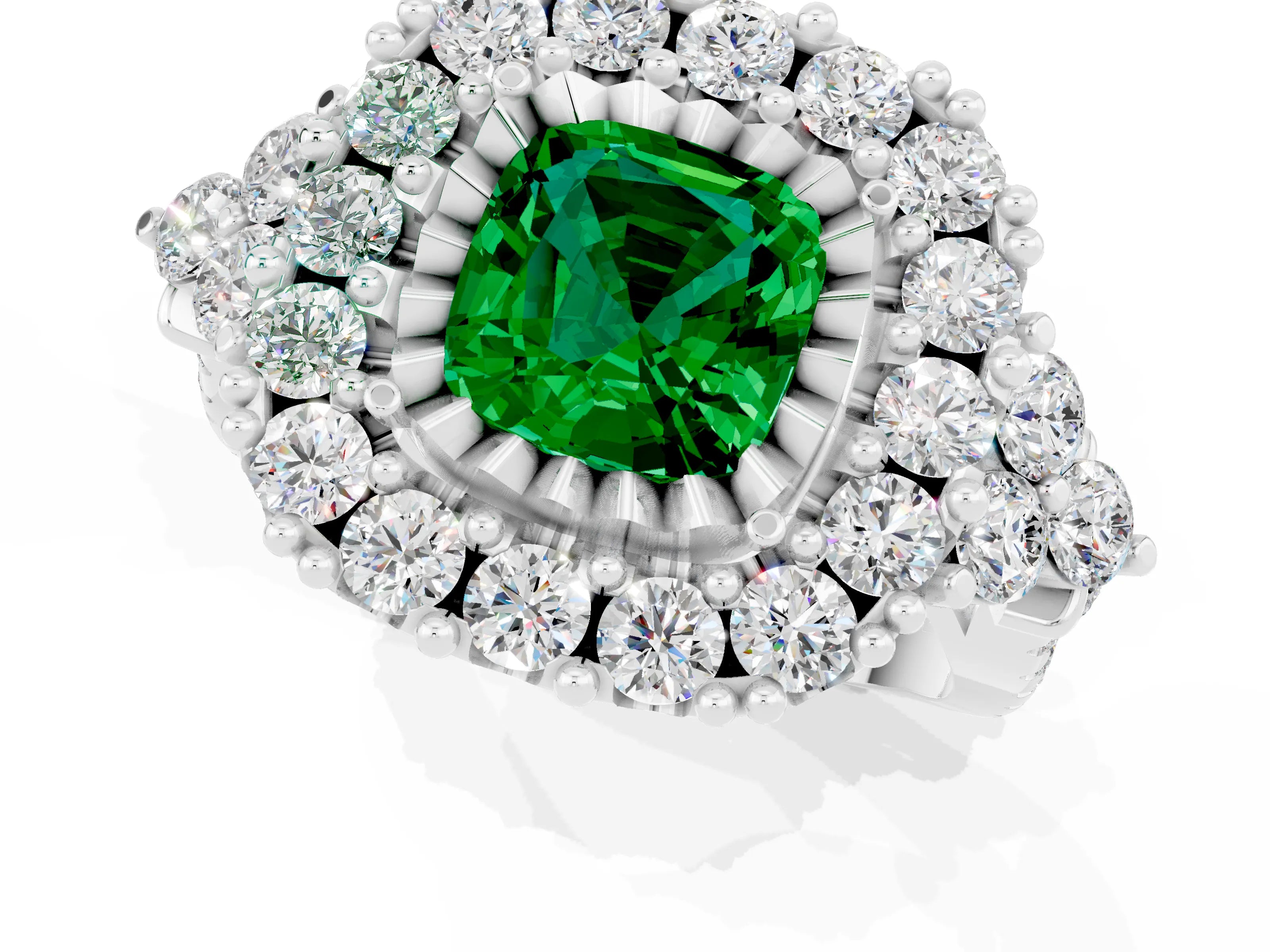 White gold Cushion Cut Emerald Halo Ring with Pavé Band and Four-Prong Setting_13