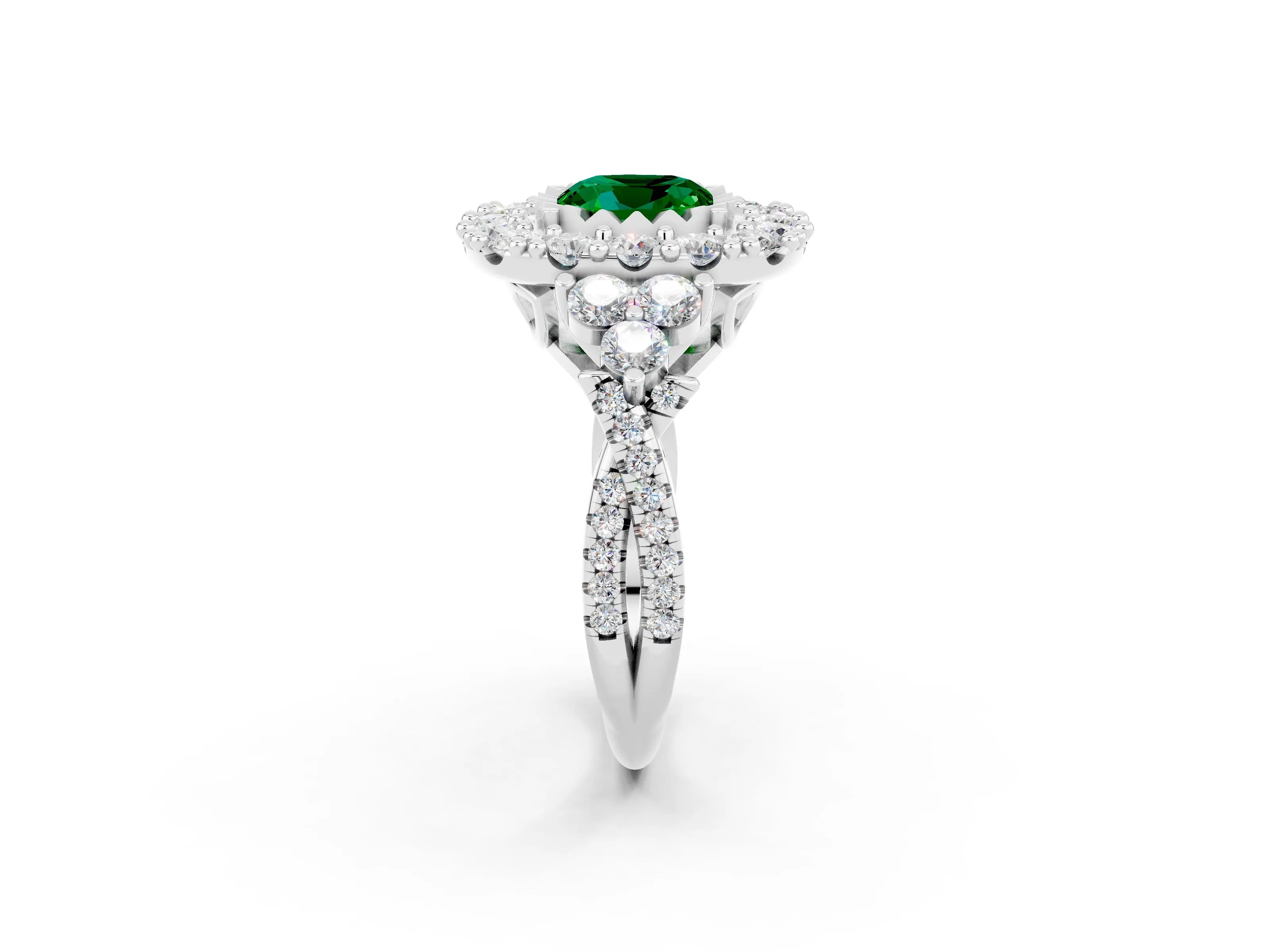 White gold Cushion Cut Emerald Halo Ring with Pavé Band and Four-Prong Setting_14
