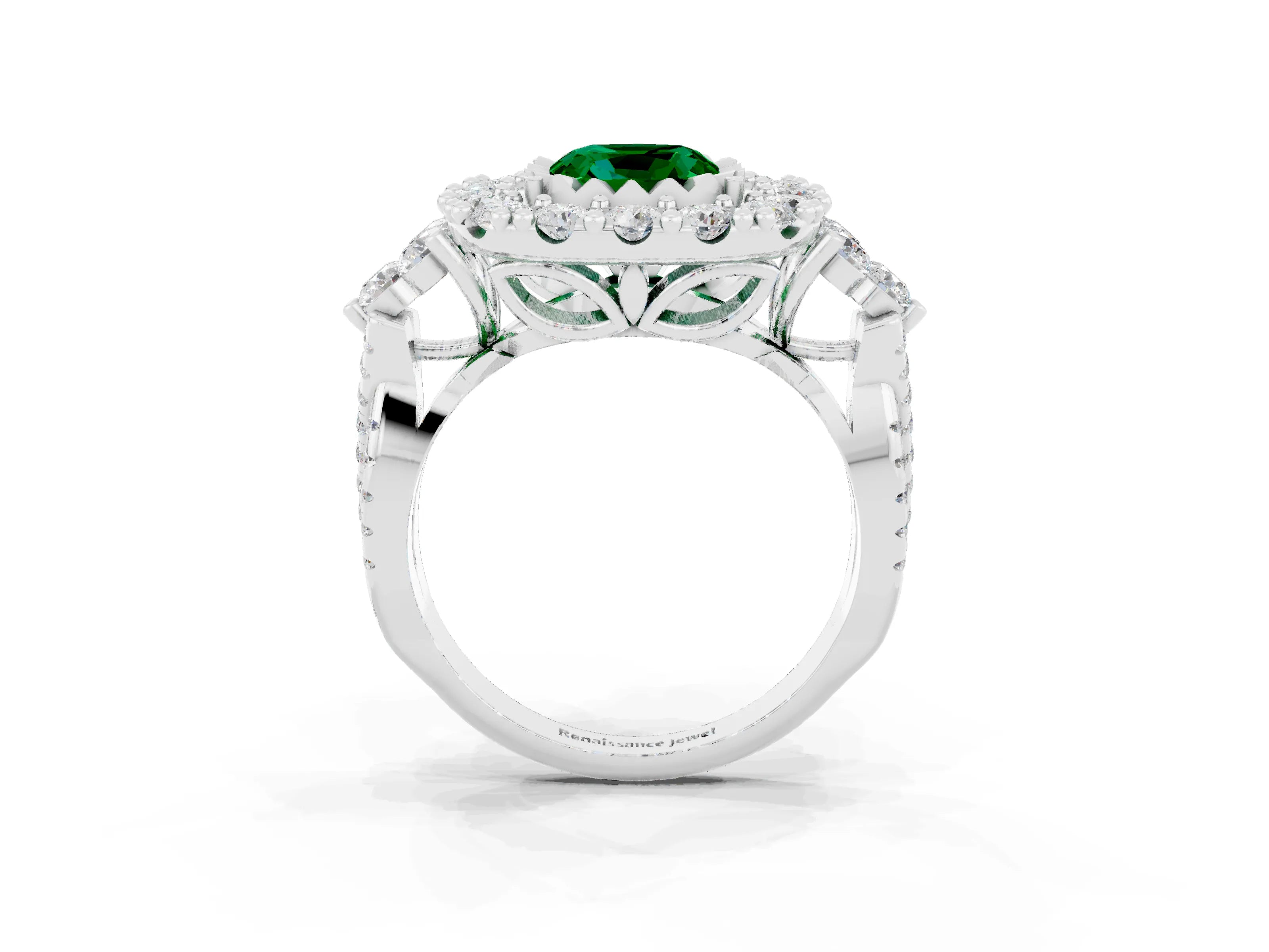 White gold Cushion Cut Emerald Halo Ring with Pavé Band and Four-Prong Setting_15