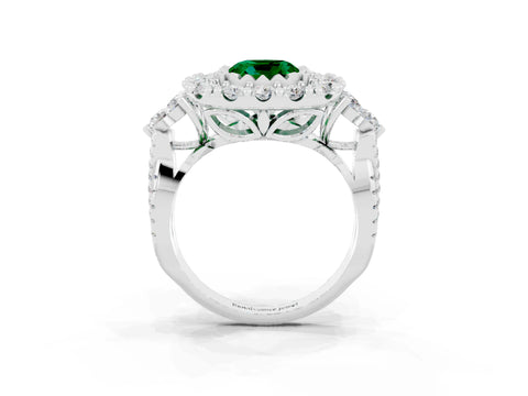 White gold Cushion Cut Emerald Halo Ring with Pavé Band and Four-Prong Setting_15