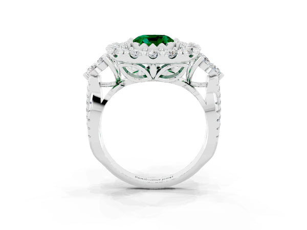 Silver Cushion Cut Emerald Halo Ring with Pavé Band and Four-Prong Setting