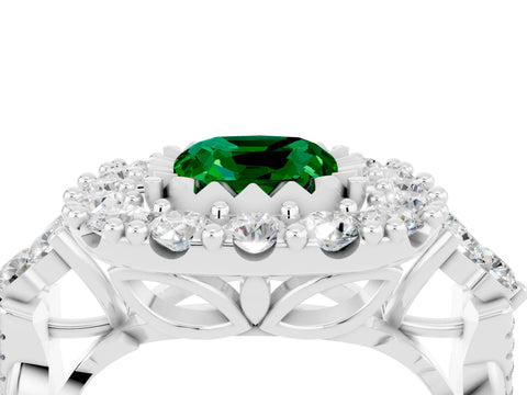 White gold Cushion Cut Emerald Halo Ring with Pavé Band and Four-Prong Setting_16