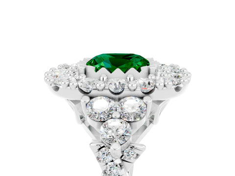 White gold Cushion Cut Emerald Halo Ring with Pavé Band and Four-Prong Setting_17