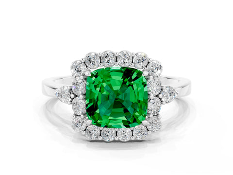 White gold Cushion Cut Emerald Halo Ring with Pear Side Stones and Prong Setting_24