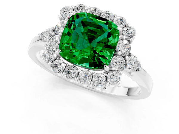 Platinum Cushion Cut Emerald Halo Ring with Pear Side Stones and Prong Setting