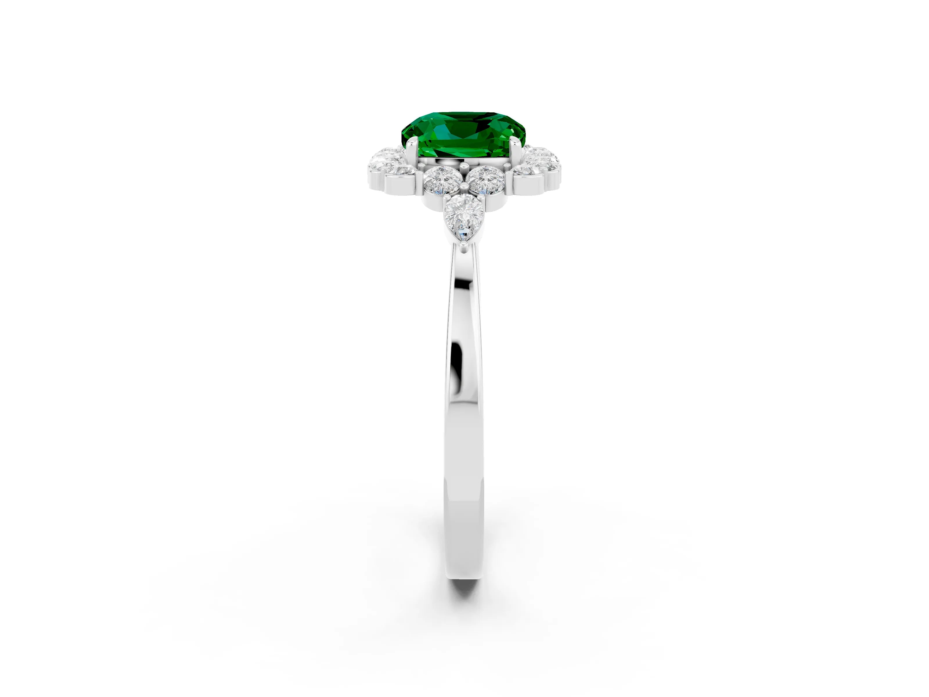 White gold Cushion Cut Emerald Halo Ring with Pear Side Stones and Prong Setting_26