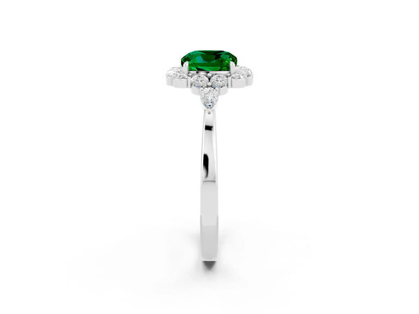 White gold Cushion Cut Emerald Halo Ring with Pear Side Stones and Prong Setting