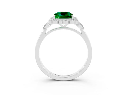 White gold Cushion Cut Emerald Halo Ring with Pear Side Stones and Prong Setting_27