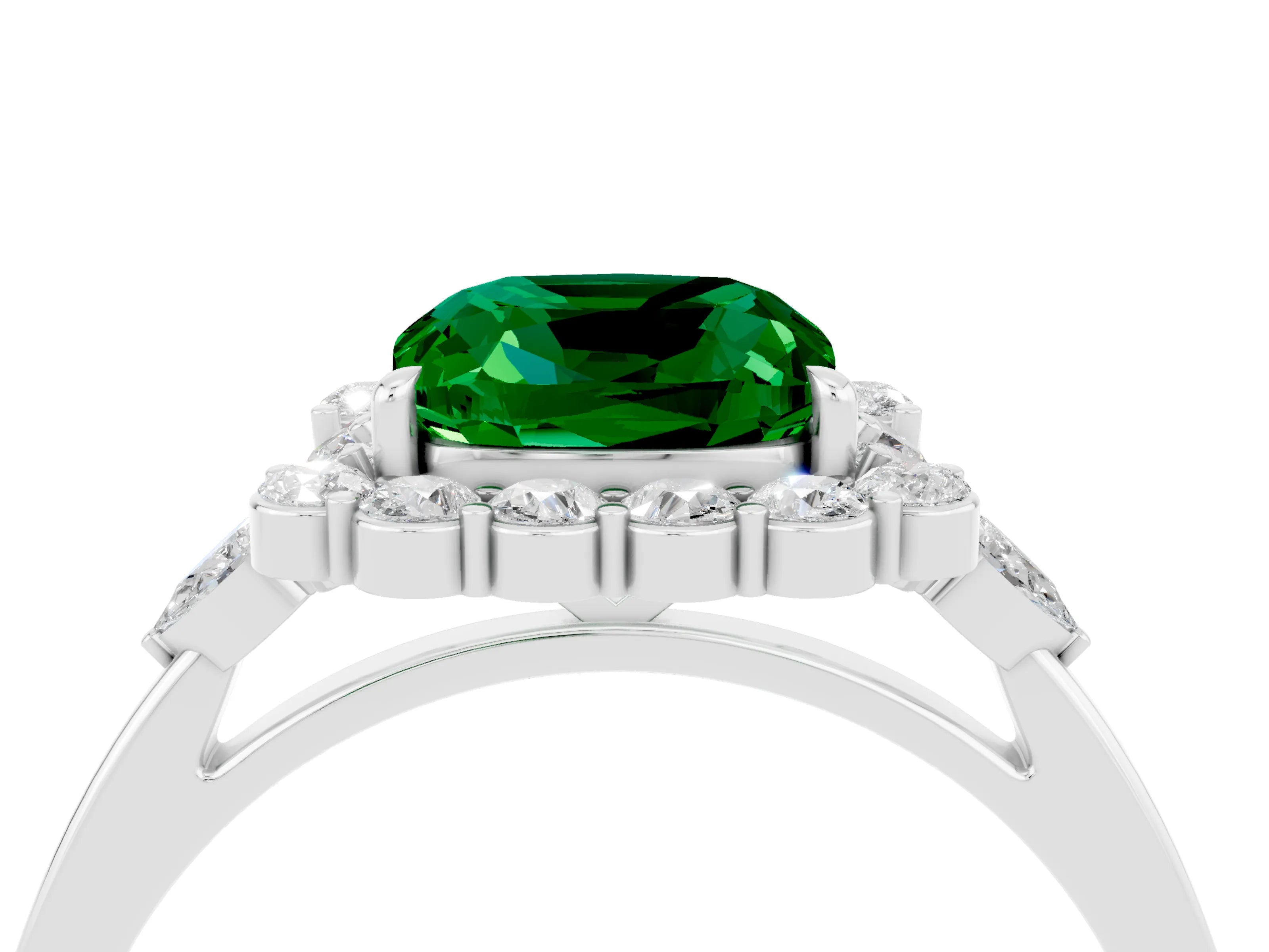 White gold Cushion Cut Emerald Halo Ring with Pear Side Stones and Prong Setting_28