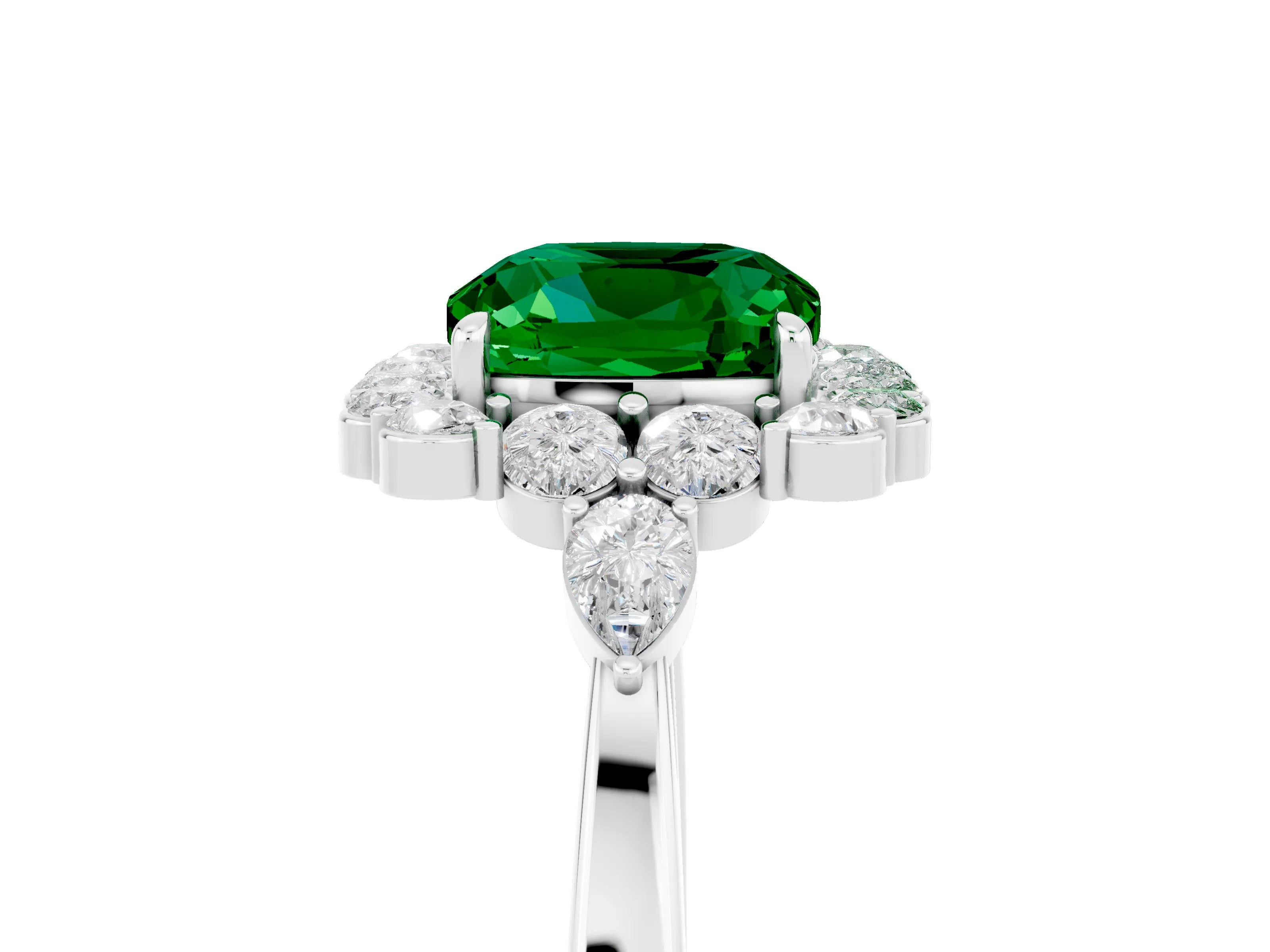 White gold Cushion Cut Emerald Halo Ring with Pear Side Stones and Prong Setting_29