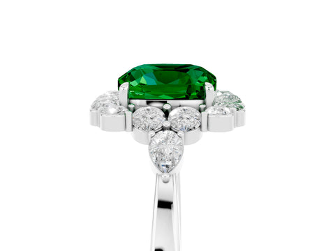White gold Cushion Cut Emerald Halo Ring with Pear Side Stones and Prong Setting_29