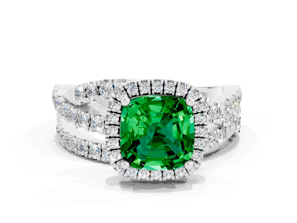 Platinum Cushion Cut Emerald Halo Ring with Round Split Shank and Prong Setting