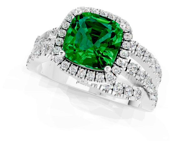 White gold Cushion Cut Emerald Halo Ring with Round Split Shank and Prong Setting