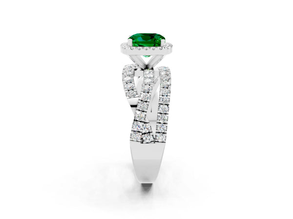 Platinum Cushion Cut Emerald Halo Ring with Round Split Shank and Prong Setting