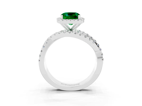 Platinum Cushion Cut Emerald Halo Ring with Round Split Shank and Prong Setting