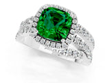 White gold Cushion Cut Emerald Halo Ring with Round Split Shank and Prong Setting_61