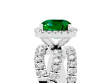 White gold Cushion Cut Emerald Halo Ring with Round Split Shank and Prong Setting_65