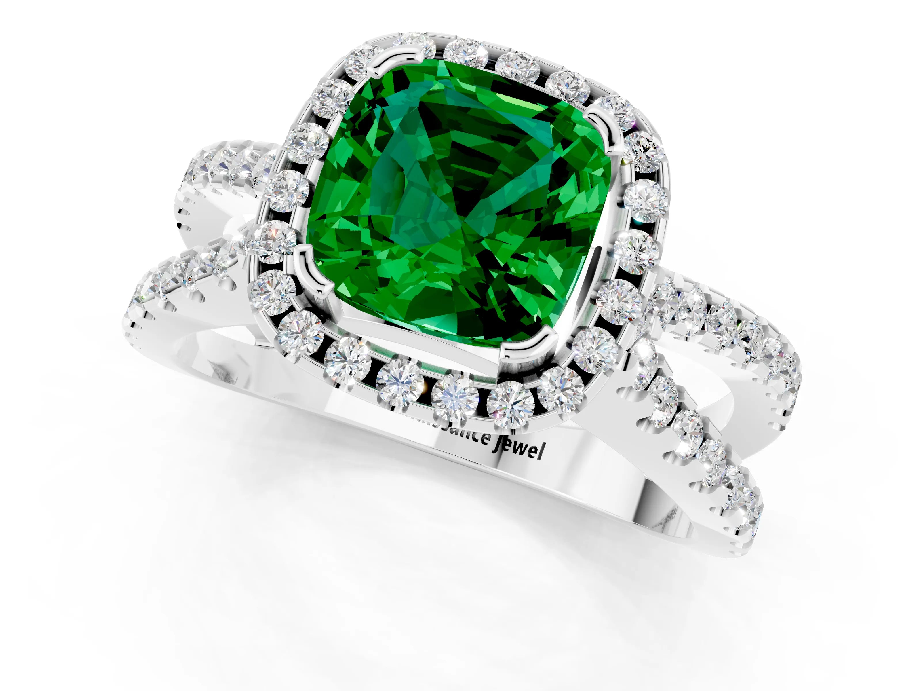 White gold Cushion Cut Emerald Halo Ring with Split Shank Pavé Band and Prong Setting_1