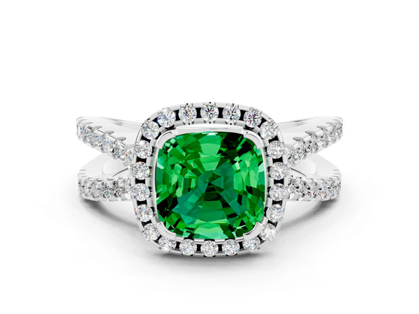 White gold Cushion Cut Emerald Halo Ring with Split Shank Pavé Band and Prong Setting