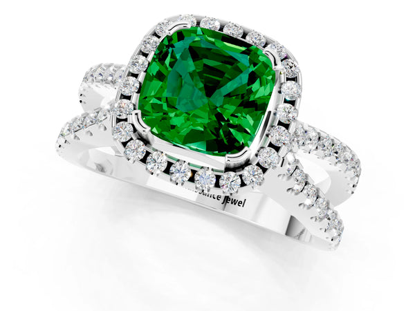 Silver Cushion Cut Emerald Halo Ring with Split Shank Pavé Band and Prong Setting