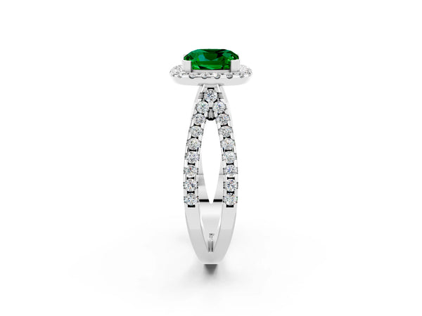 Silver Cushion Cut Emerald Halo Ring with Split Shank Pavé Band and Prong Setting