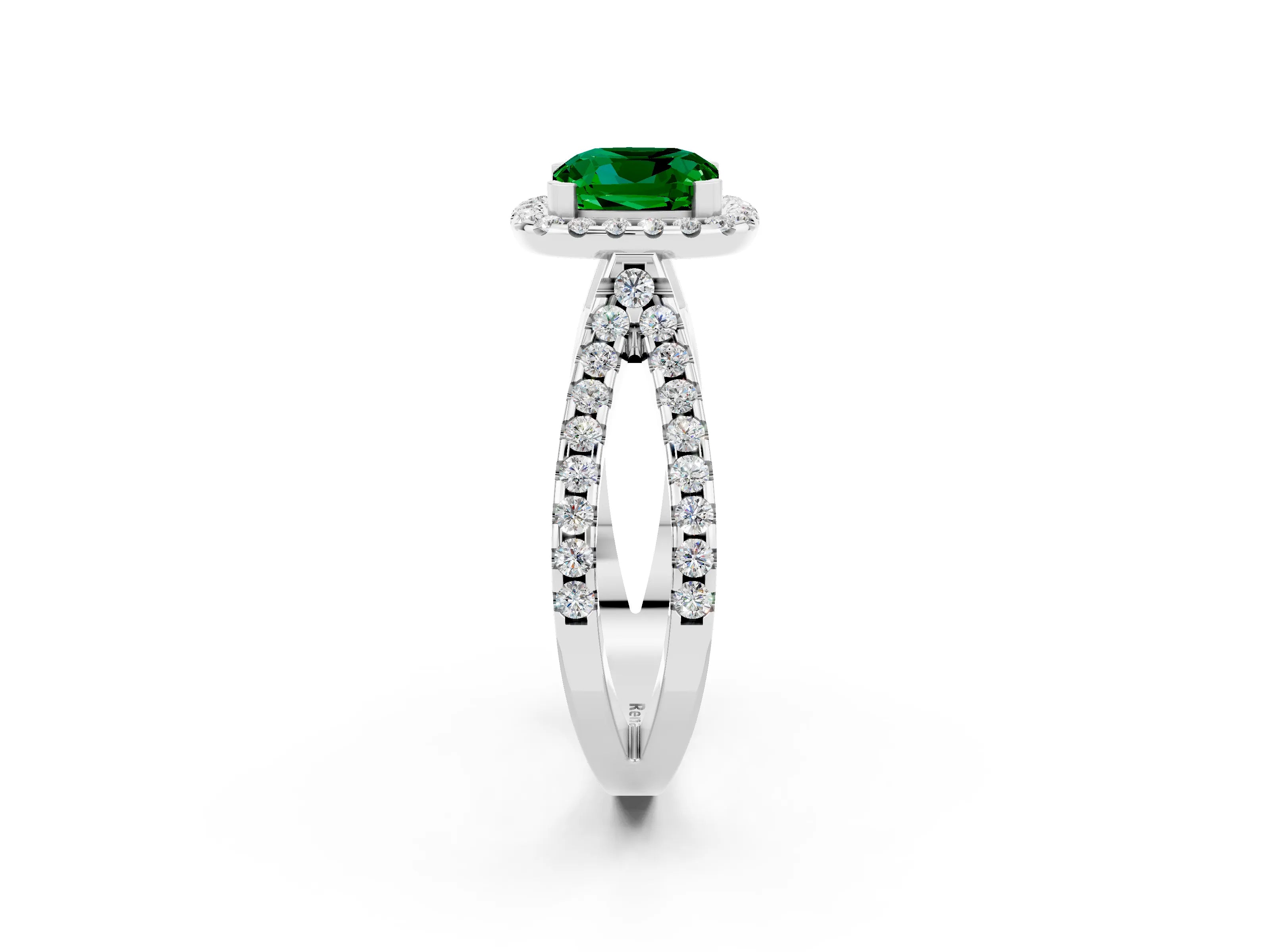 White gold Cushion Cut Emerald Halo Ring with Split Shank Pavé Band and Prong Setting_2