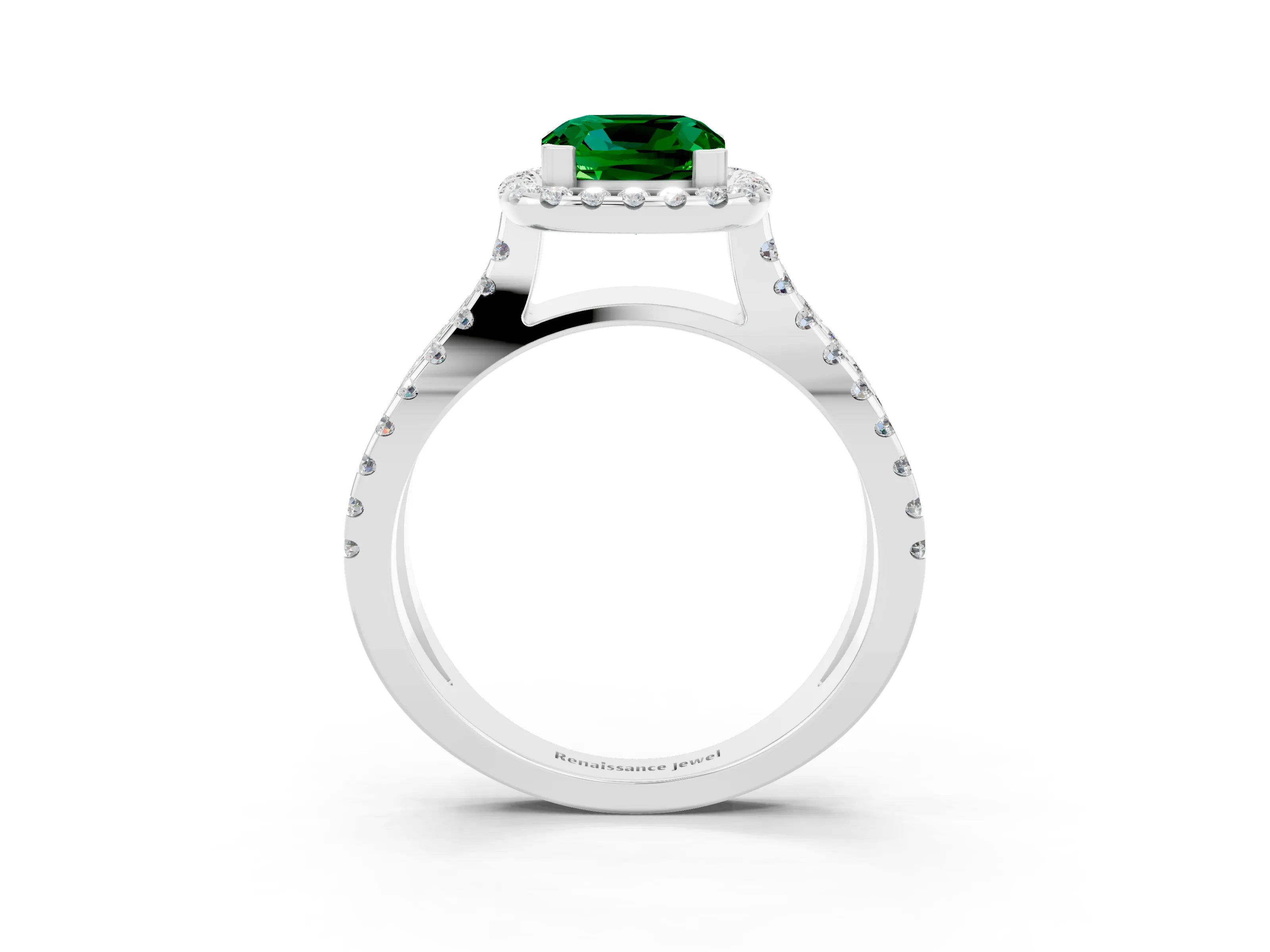 White gold Cushion Cut Emerald Halo Ring with Split Shank Pavé Band and Prong Setting_3