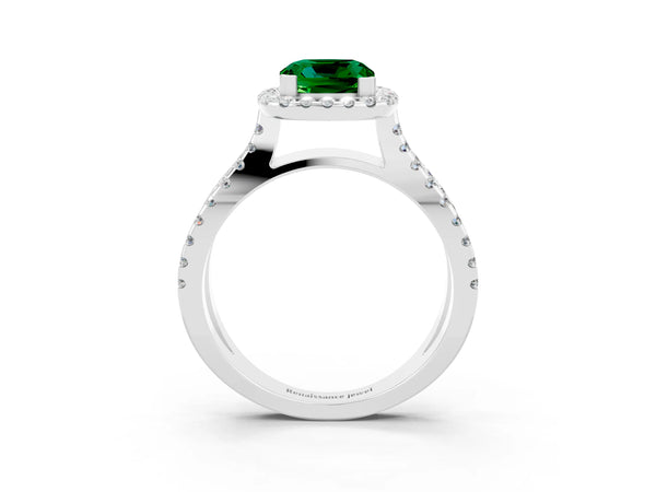 Platinum Cushion Cut Emerald Halo Ring with Split Shank Pavé Band and Prong Setting