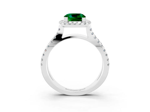 White gold Cushion Cut Emerald Halo Ring with Split Shank Pavé Band and Prong Setting_3