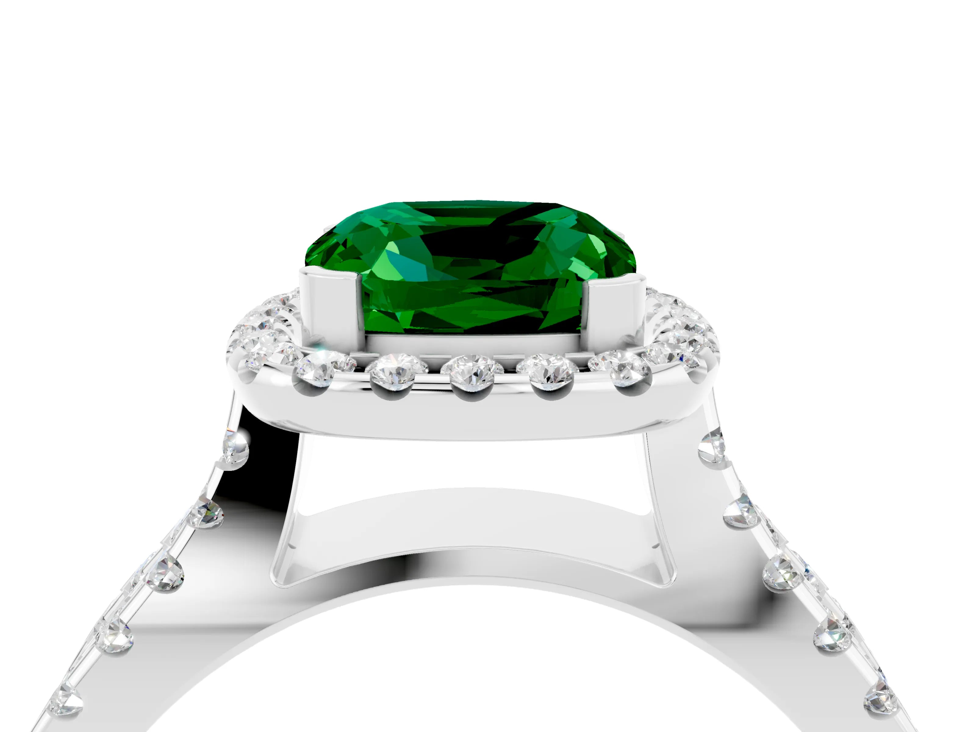 White gold Cushion Cut Emerald Halo Ring with Split Shank Pavé Band and Prong Setting_4
