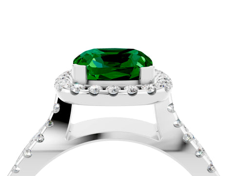 White gold Cushion Cut Emerald Halo Ring with Split Shank Pavé Band and Prong Setting_4
