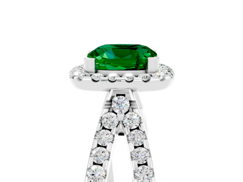 White gold Cushion Cut Emerald Halo Ring with Split Shank Pavé Band and Prong Setting_5