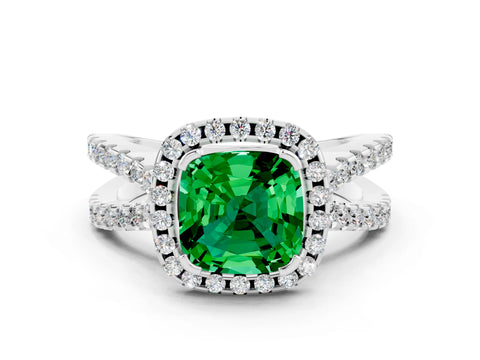 White gold Cushion Cut Emerald Halo Ring with Split Shank Pavé Band and Prong Setting